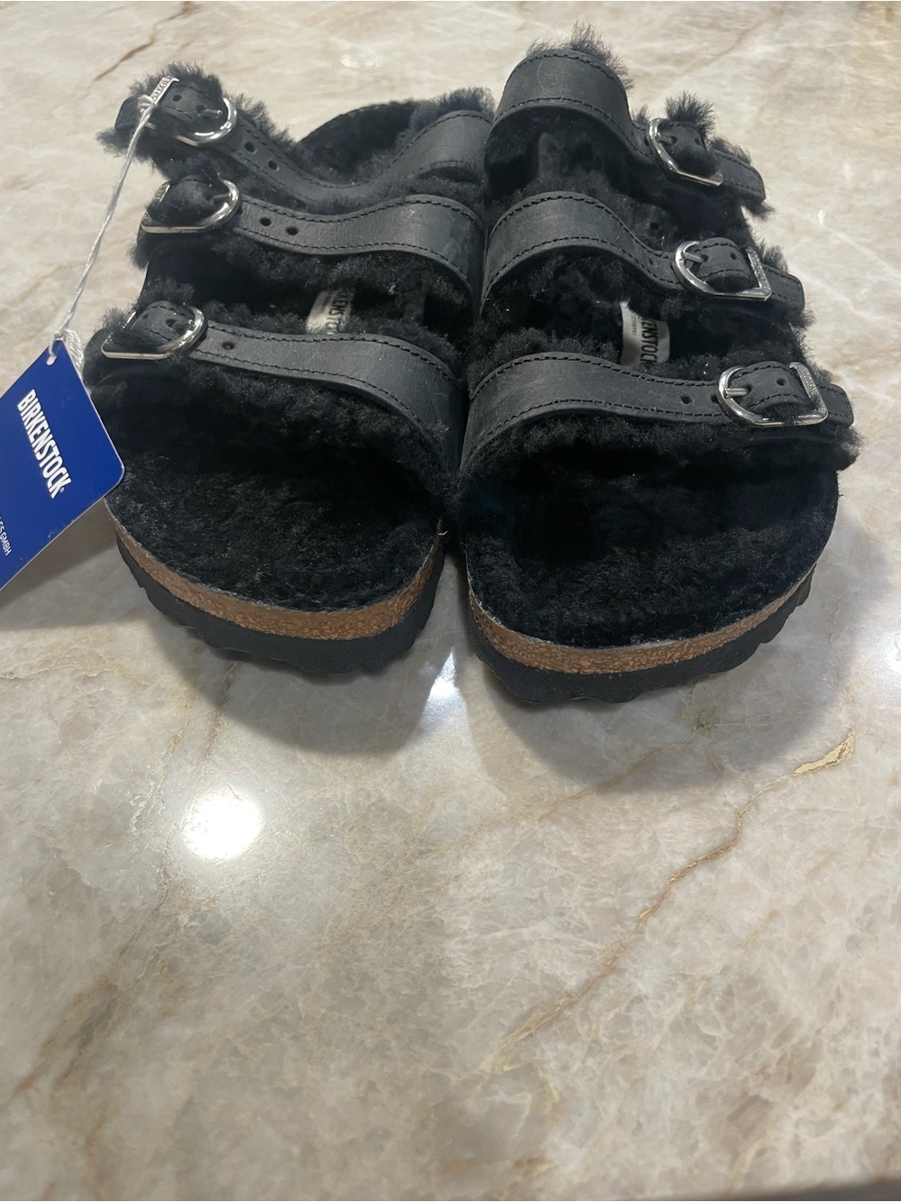 Birkenstock Triple Strap Shearling Sandals in Black - Picture 4 of 6